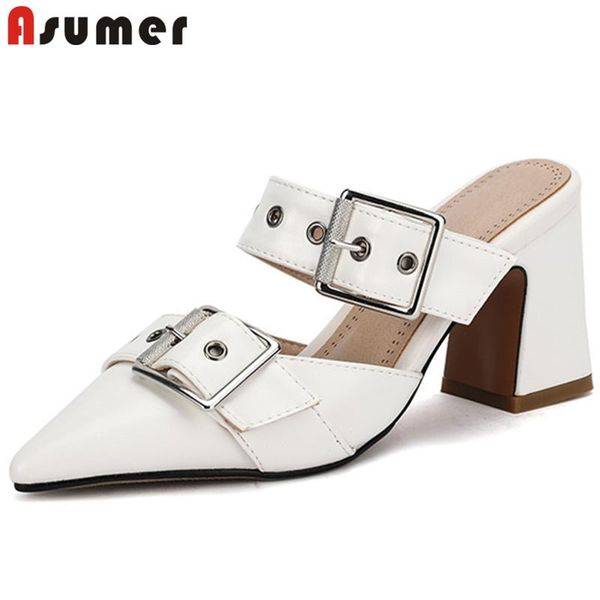 

dress shoes asumer 2021 arrive sandals women pu pointed toe buckle 8cm square high heel ladies summer big size 43, Black