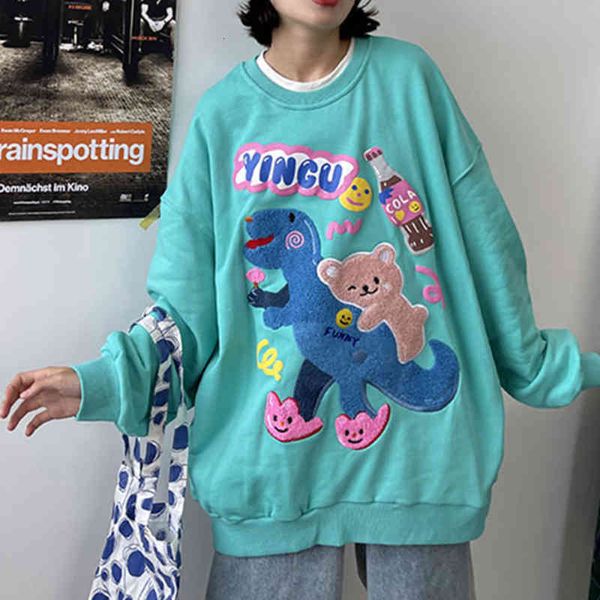 

women's hoodies & sweatshirts beautiful woman's sweater anime dinosaur towel embroidered warm casual bottom loose teddy fall and w, Black