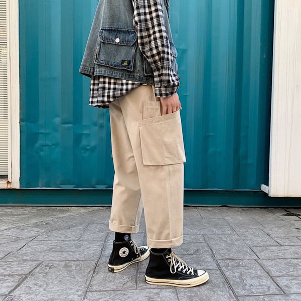 

2021 new autumn cotton cargo men's fashion multi-pocket casual men streetwear wild loose hip-hop straight pants mens m-2xl 4bx4, Black