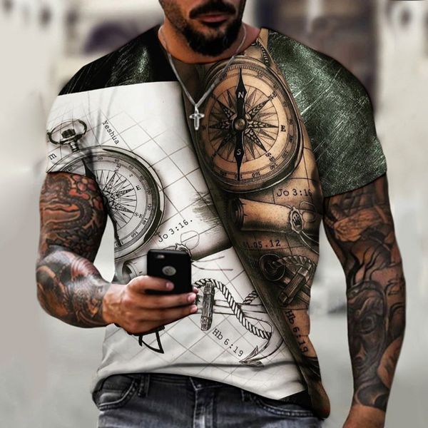 

2021 new men's summer 3d printing compass hip hop large t-shirt cross style short sve clothing, White;black