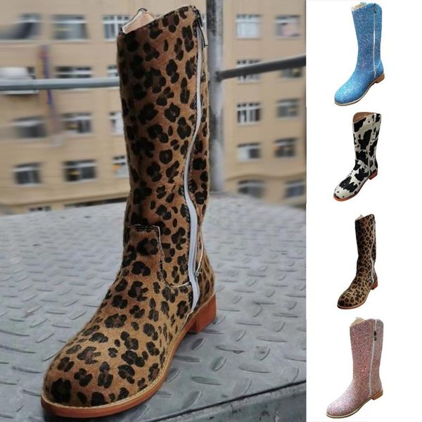 

boots fashion women's plus size shoes ladies autumn winter leopard cow print sequins bling zipper shiny combat leather, Black