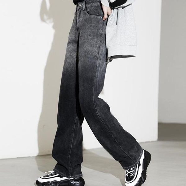 

women's jeans plus size loose casual water wash women autumn high waist slimming gray gradient trend straight mopping denim trousers, Blue