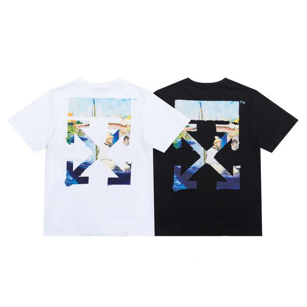 

2021 off-ow-os-white oil painting men's and women's short sleeve t-shirt half shirt, White;black