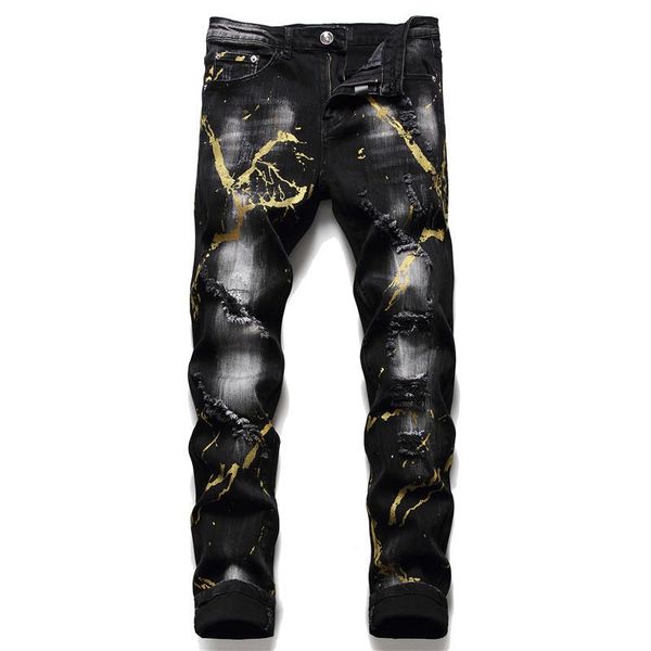 

men's jeans fall winter tattered slim pp wash ripped black paint splash tight stretch fashion male trousers, Blue