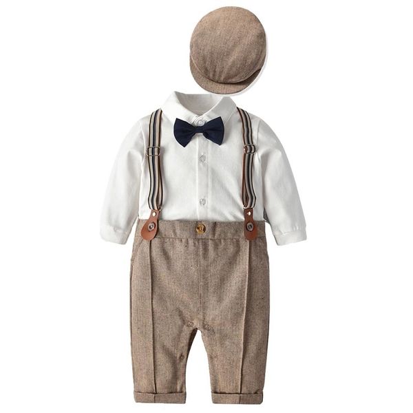 Yüksek Kaliteli Bebek Erkek Düğün Parti Beyefendi Suit Yenidoğan Yay Bodysuit + Şapka Kıyafetler Set Beyefendi Doğum Günü Hediyesi 210309