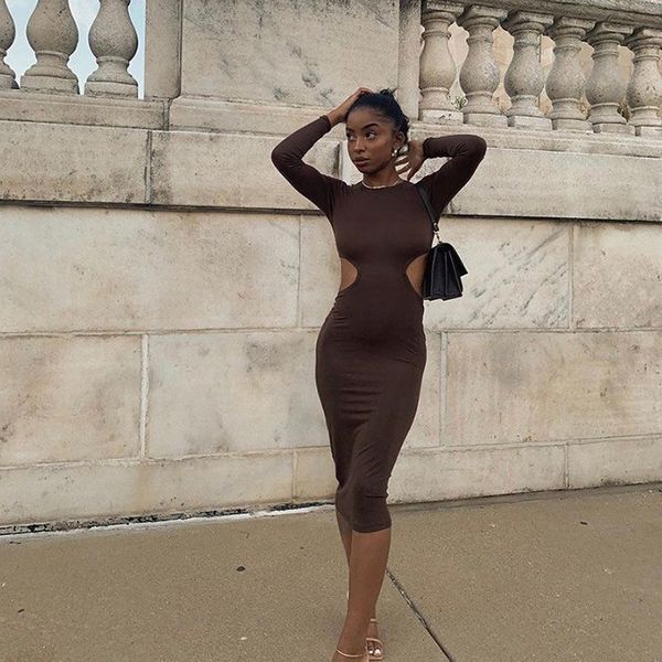 

Women Hollow Out Dress Long Sleeve Round Neck Solid Black Knee Length Elegant Bodycon Party Dress 2021 Fashion Dresses, Black;gray