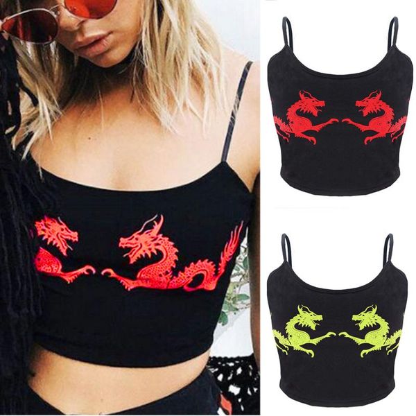 

2021 Summer Sexy Crop Tops For Women Straps Sleeveless Pattern Dragon Fitness Tight Tank Tops Cropped Feminino New, Red