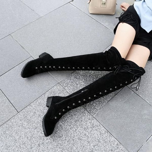 

boots blxqpyt winter autumn big size 33-46 over the knee women med heels lace up zip long round toe platform knight z800, Black