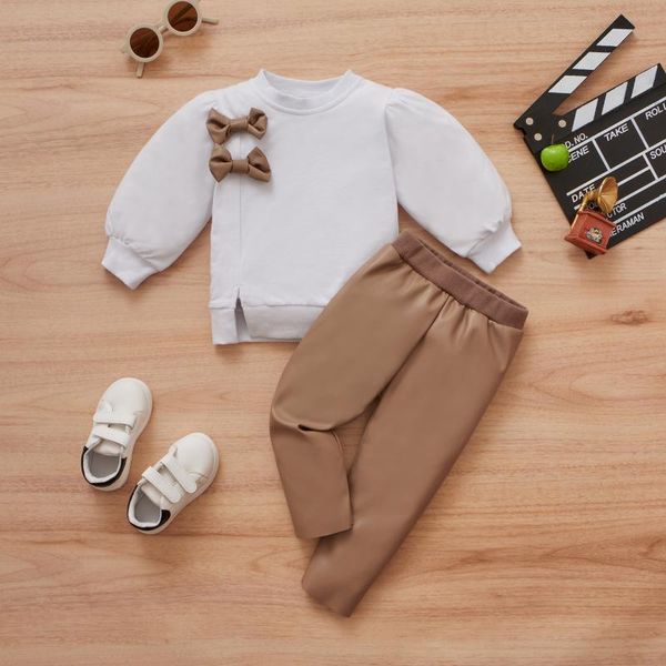 

clothing sets autumn baby girls outfits bows full sleeve split leather pants for kids child girl set 6 months to 4 years, White