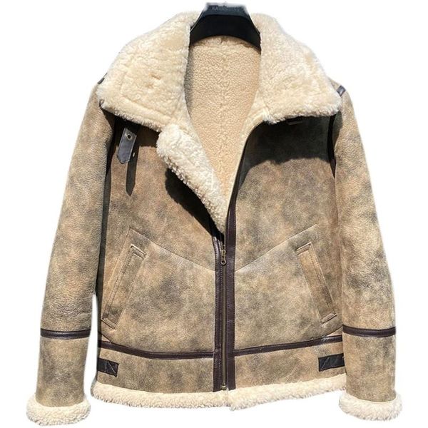 

men's leather & faux 2021 light brown genuine shearling coat military style plus size 6xl real natural shepskin winter thick warm b3 bo, Black