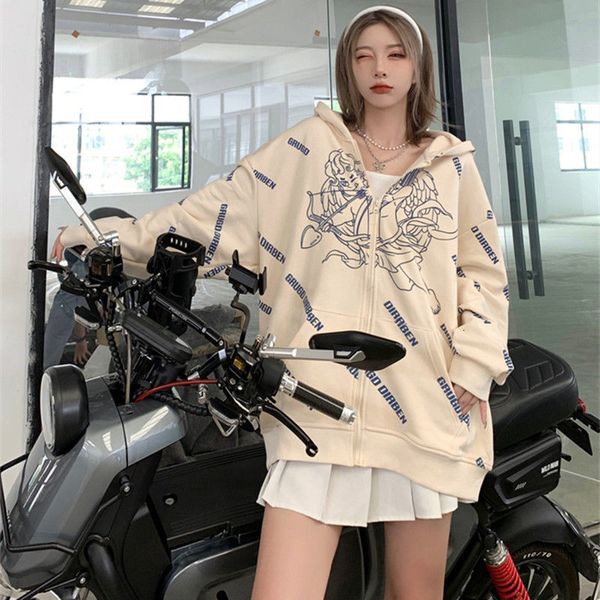 

women's jackets korean-style girl sweatshirt with zipper, long-sleeve jacket deep angel print, fashion ihht, Black;brown