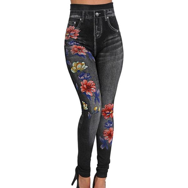 

women's leggings women floral print pencil pants leggins casual high waist faux denim bottoms plus size pantalon femme sexy, Black