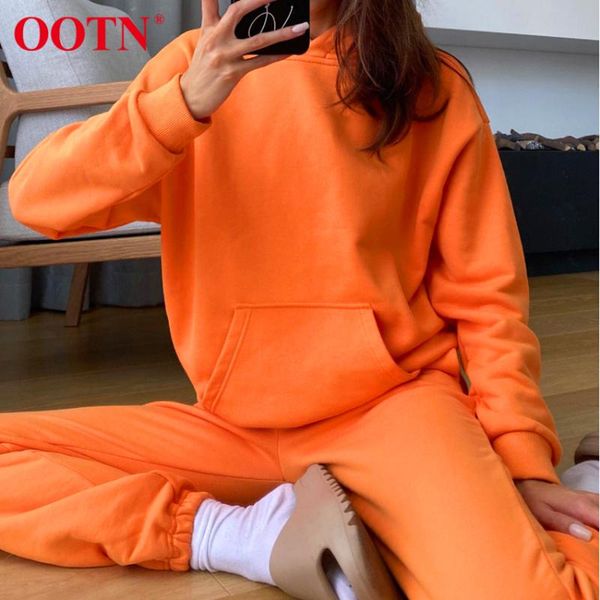 

women's two piece pants ootn orange hoodie sets ladies casual knitting pullover pantsuit pocket elastic waist pencil autumn winter outf, White