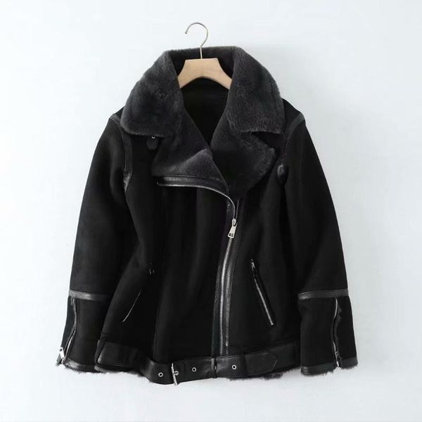 

women's leather & faux winter women jacket fur splicing coat moto bike thickness overcoat snow warm outwear with belt, Black