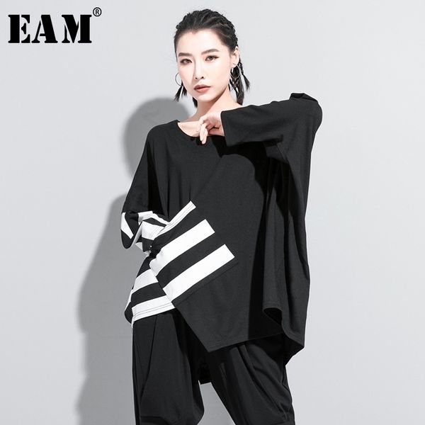 

[eam] women black striped split joint big size t-shirt new round neck long sleeve fashion tide spring autumn 2021 1z205 210310, White