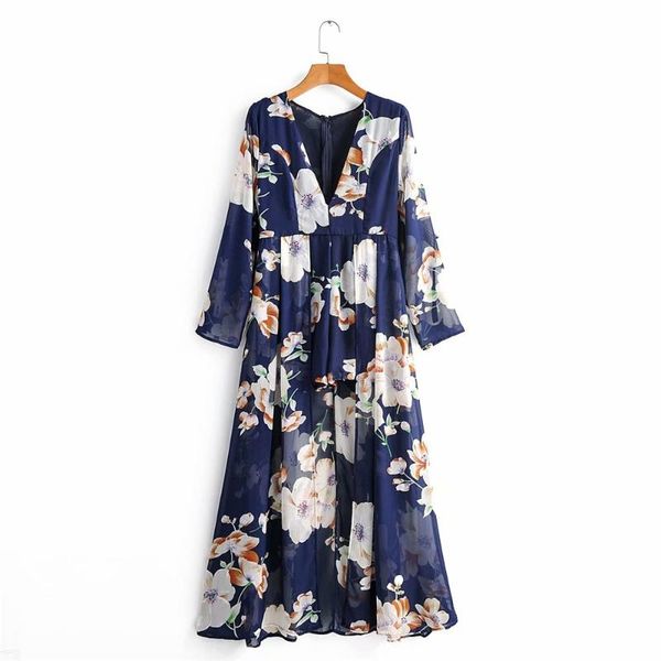 

casual dresses autumn 2021 women's french fashion small crowd big flower print v-neck long sleeve loose temperament dress, Black;gray
