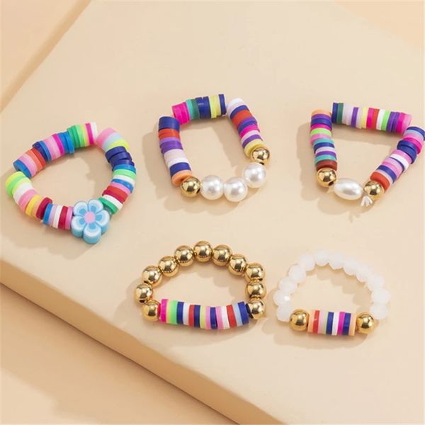

colorful soft ceramic flower pearl rice bead ring set color braided ring for women girls party travel jewelry, Silver