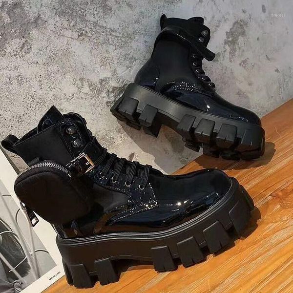 

boots winter women ankle wool shearling warm leather lace-up wedge platform shoes for female star same style 20211, Black