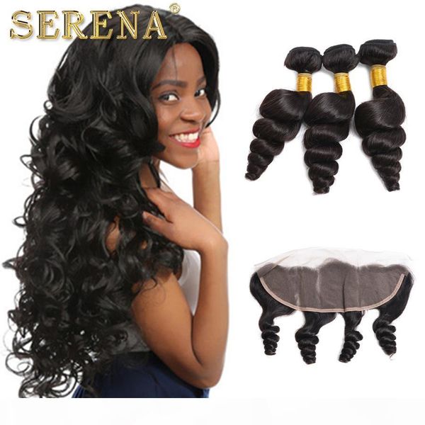 

lace frontal closure with bundles human hair with closure peruvian loose wave with frontal closure loose wave frontal 13x4, Black;brown