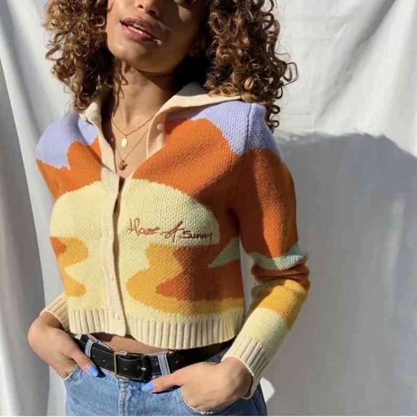 

women's sweaters vintage short knitted women autumn print turndown collar long sleeve fashion single breasted cardigans o0v3, White;black