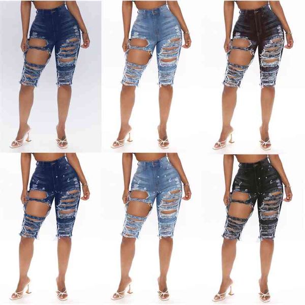 

70% off outlet online woman high waist ripped jeans summer stretch knee length fashion casual biker s-2xl drop shipping, Blue