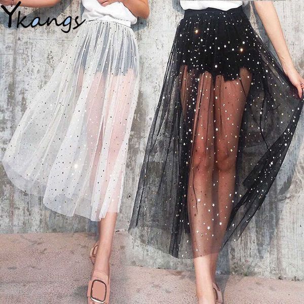 

women summer lace star moon sequin high waist skirt korean vintage tulle mesh transparent black white long skirt streetwear 210619