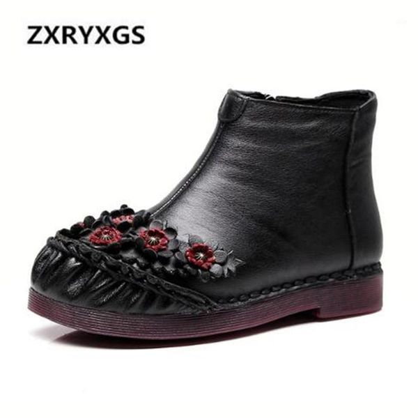 

boots est retro flower genuine leather 2021 warm winter women shoes elegant comfort ankle for fashion1, Black