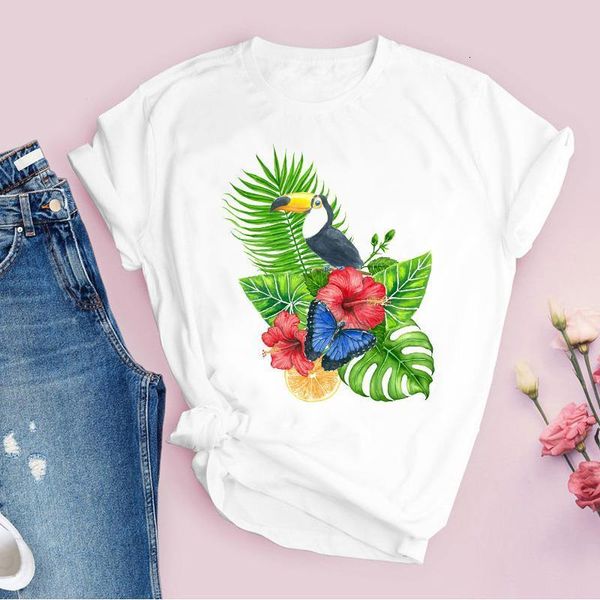 

women graphic cartoon beach flower butterfly short sleeve printed lady tees clothing female t shirt womens t-shirt, White