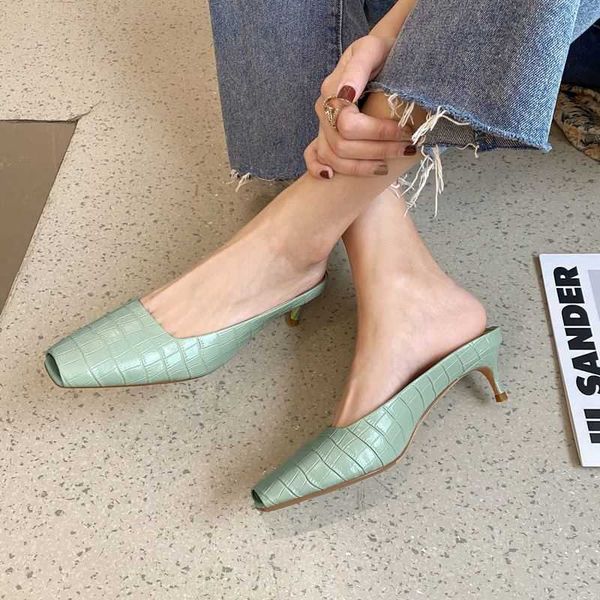 

allbitefo genuine leather+stone texture peep toe high heels women slippers summer women sandals women heels shoes flip flops 210611, Black