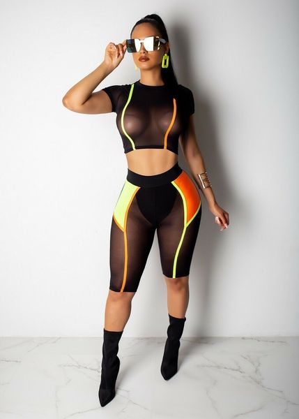 

ladies womens short sleeve sheer mesh see through plain pants jumpsuit set, Black;blue