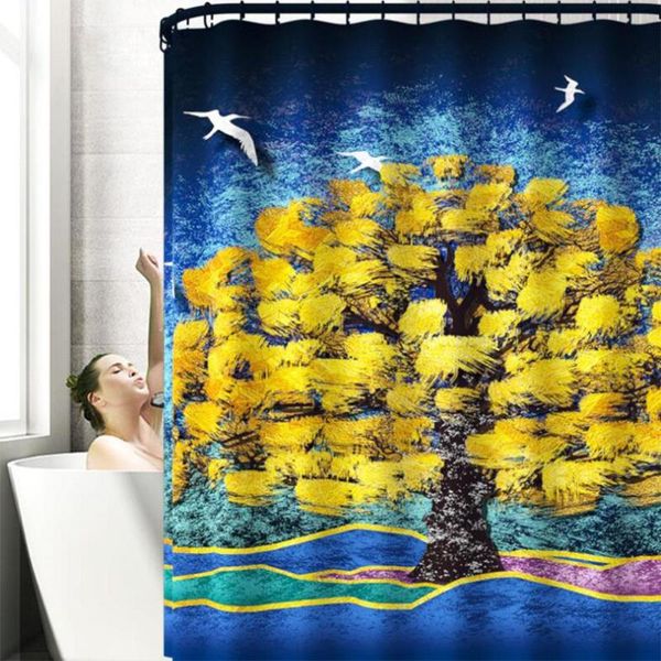 

shower curtains 180*180cm curtain yellow tree oil painting style print waterproof bathroom home decoration