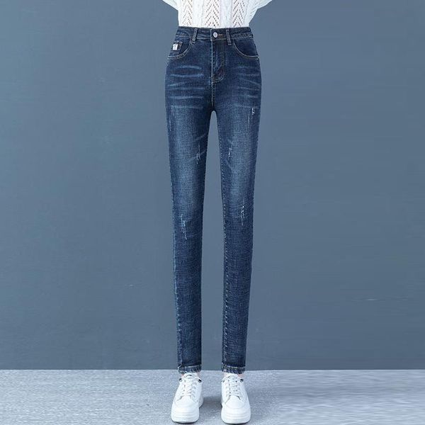 

fashion scratched slim stretch jeans women streetwear high waist blue skinny denim pencil pants casual washed cowboy trousers
