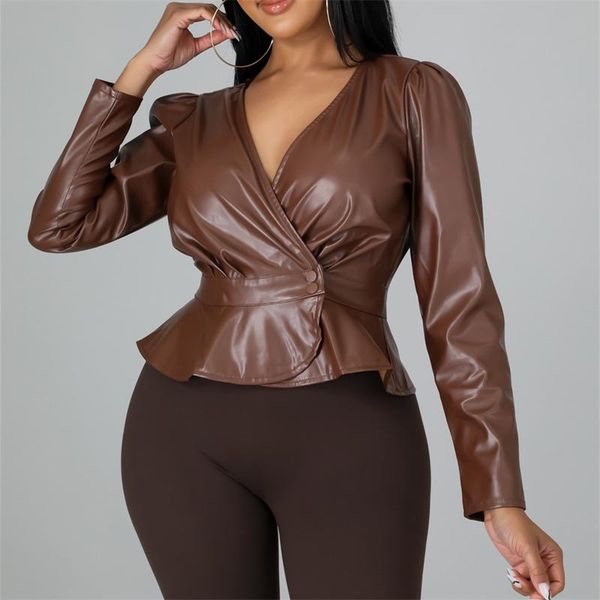 

women's jackets chronstyle women pu leather coats crop long sleeve v-neck buttons fashion coat spring fall solid color outwear 2022, Black;brown