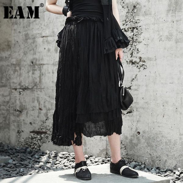 

skirts [eam] 2021 spring autumn high waist black fold stitch irregular hem loose half-body skirt women fashion all-match jf816
