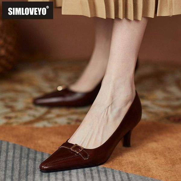 

dress shoes simloveyo 2021 women pumps pointed toe 5.5cm short heels genuine leather slip-on buckle stylish big size 40 casual a3740, Black