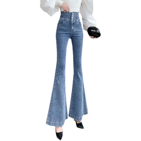

women's jeans fashion high-quality flared fall 2021 casual pants slim tight-breasted elastic trousers, Blue