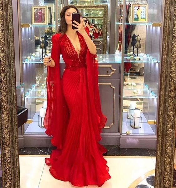 

2021 new v neck mermaid prom red sleeves tulle plus size formal evening es long special occasion party gowns vestidos h2qh, Black;red