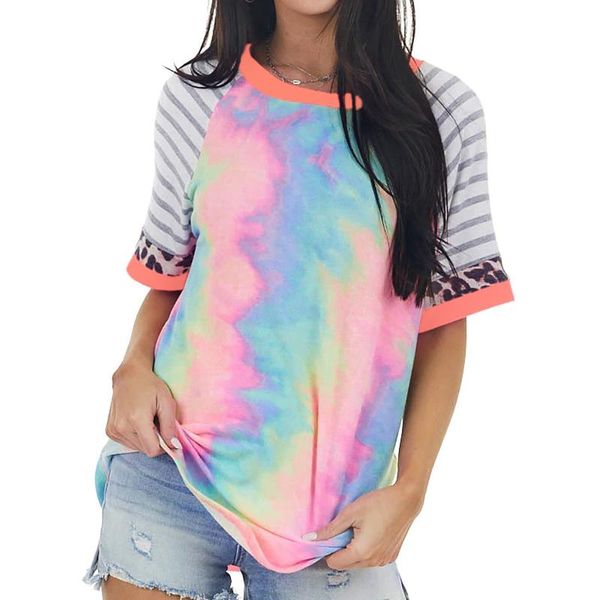 

women's t-shirt summer fashion striped stitching tie-dye short-sleeved o-neck women clothing camisetas de mujer, White