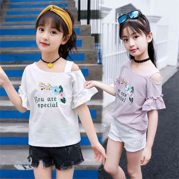 

girls shirts off shoulder embroidery flower t-shirt kids korean cute ruffle short sleeve tee baby clothes 210622, Blue