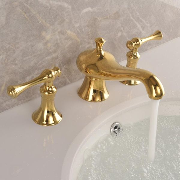 

bathroom sink faucets basin faucet brass golden three holes double handle luxury bath bathtub taps mixer water