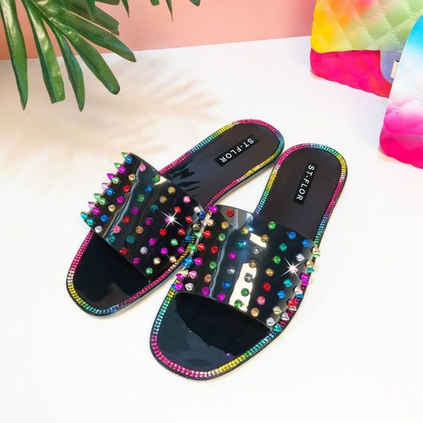 

2021 summer transparent slippers woman jelly slide s candy color rivet beach sandals luxury designer ladies shoes flip flops, Black