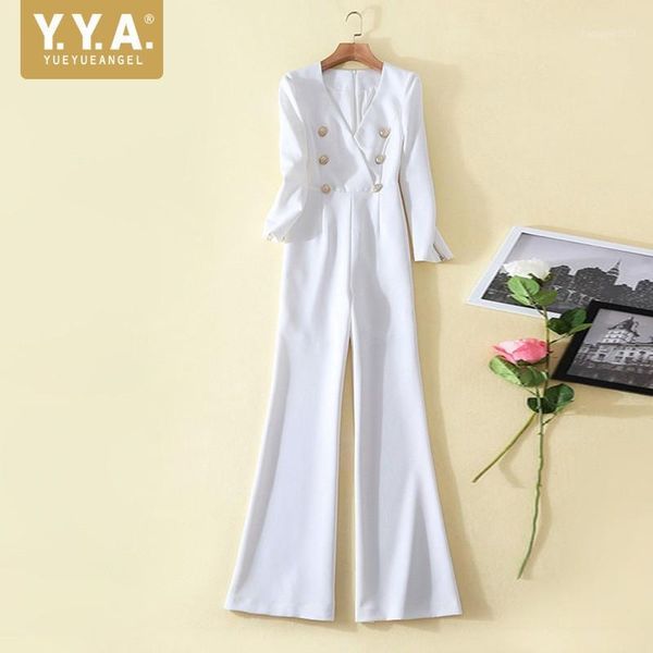 

women's jumpsuits & rompers qualities office lady v-neck double breasted long sleeve full length boot cut pants white slim fit womens, Black;white