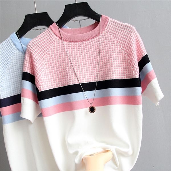 

shintimes plaid t shirt women striped tshirt knitted cotton korean t-shirt woman clothes tee shirt femme camisetas mujer 210309, White