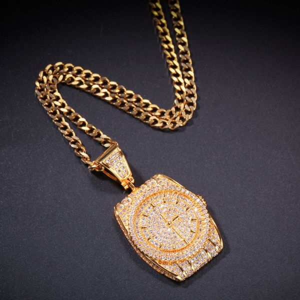 

cool design 18k gold plated micro pave zirconia watch dial pendant necklace for men gift, Silver