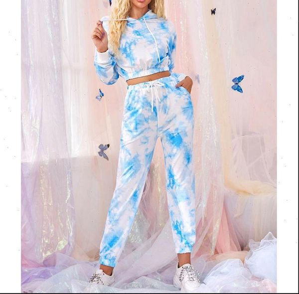 

spring autumn tie dye tracksuits hoodie crop long pants 2 pieces set women costume outfit, Gray