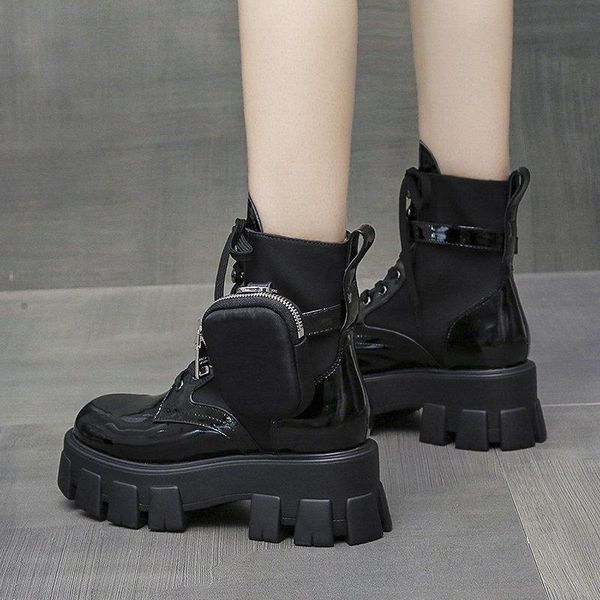 

boots ladies waterproof platform thick bottom breathable short british fan car pocket wallet trendy shoes, Black