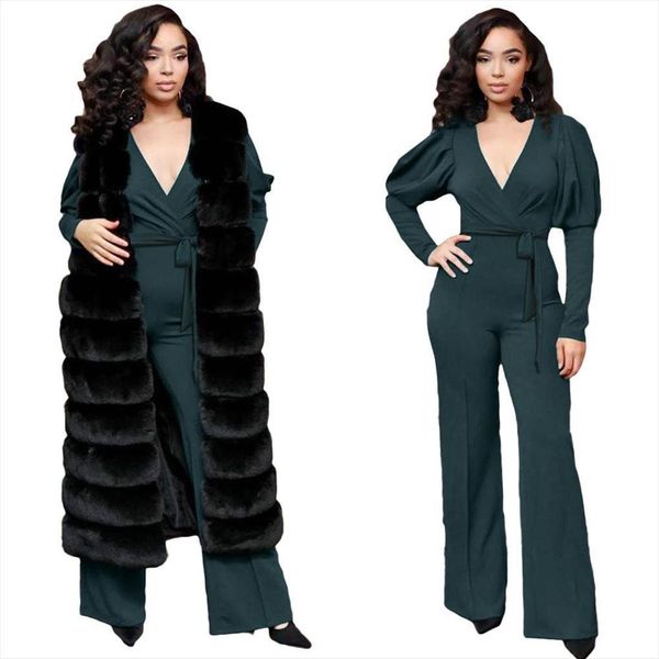

office elegant wide leg autumn womens romper solid color belted waist v wear playsuits long pants aimee23, Black;white
