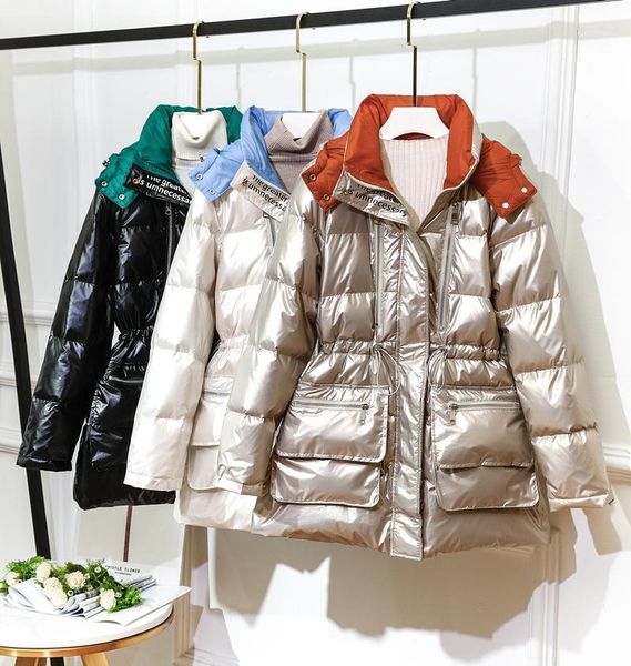 

women's down & parkas 2021 parka winter glossy women jacket adjustable waist slim coat female thick warm hooded 90% white duck jackets, Black