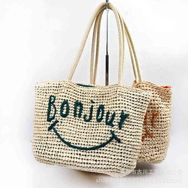 

shopping bags new bohemian alphabet smiley face women handbag summer straw beach designer female large capacity tote shopper purse 220301