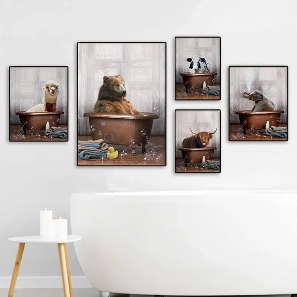 Sevimli Hayvanlar Poster Ev Dekor Tuval Boyama Keçi İnek Fil Yalan Duş Resimleri Oturma Odası Tuvaletler Için Duvar Sanatı Yok Çerçeve